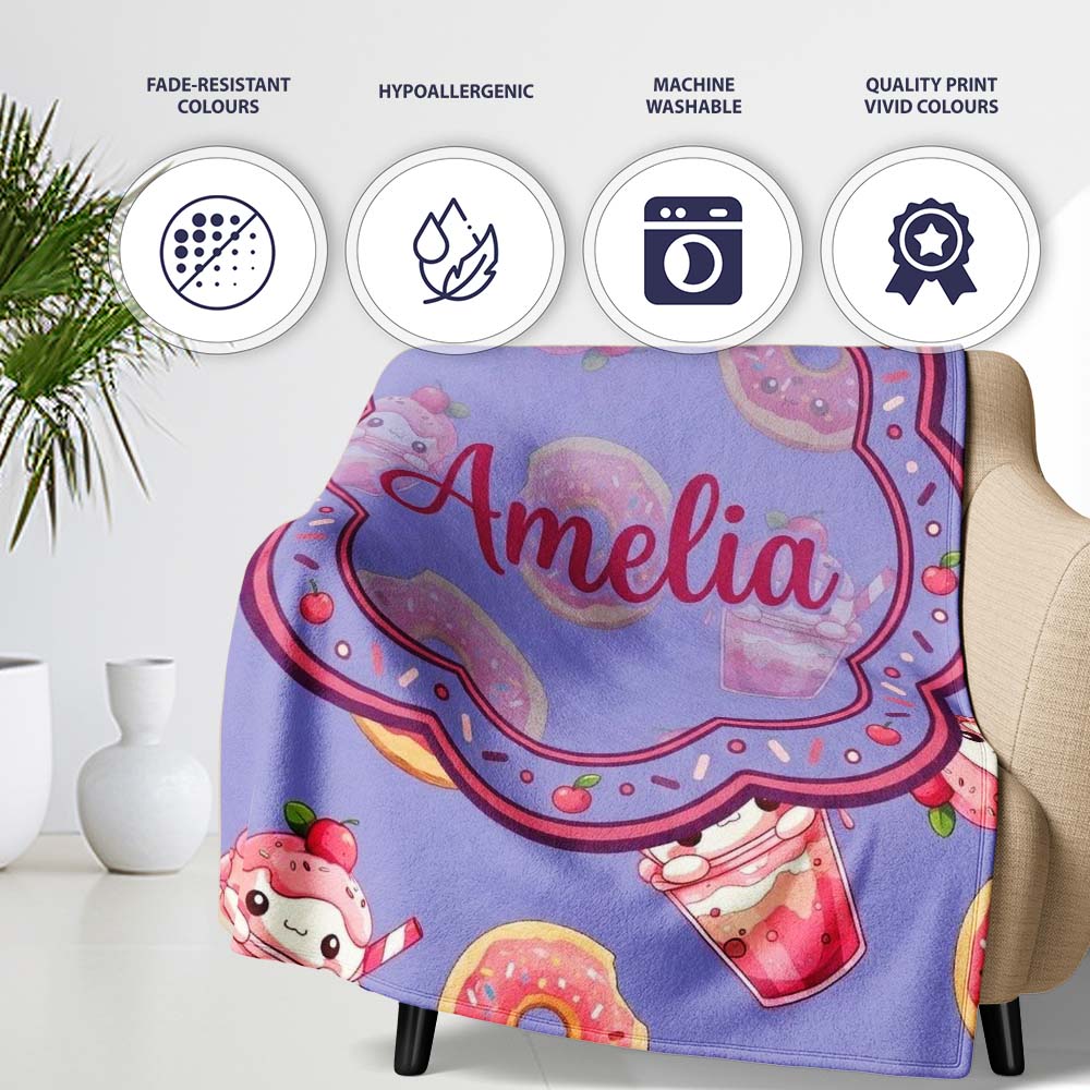 Cute Kawaii Donuts and Strawberry Milkshake Blue Background  Personalised Custom Name Super Soft Fleece Blanket Bed Sofa Throw