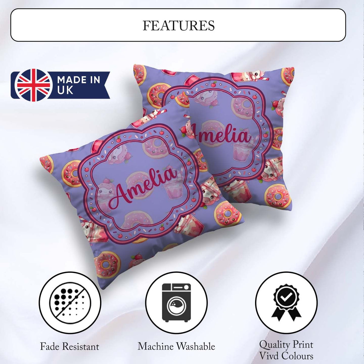 Custom Name Cute Kawaii and Strawberry Milkshake Blue Background Square Filled Cushion Throw Pillow Sofa Bed Home Decor Zip Washable UK Made