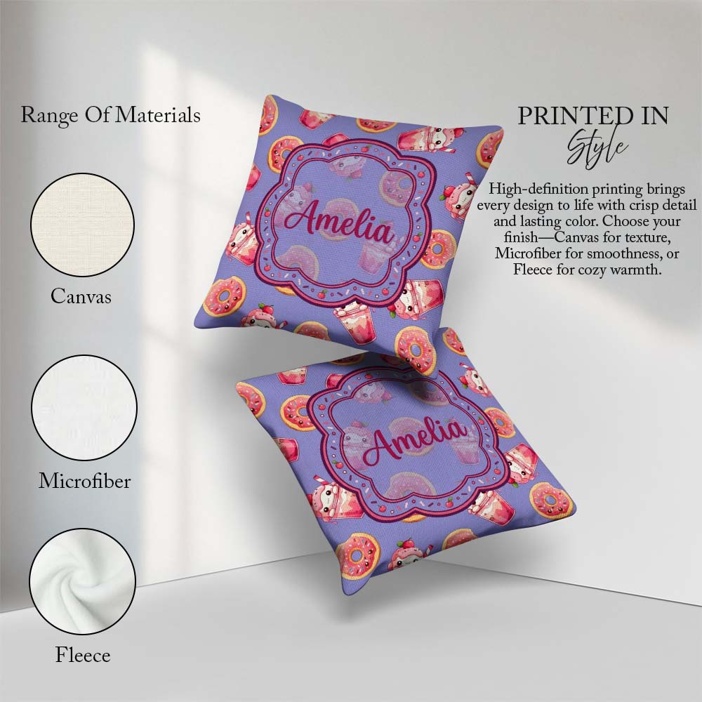 Custom Name Cute Kawaii and Strawberry Milkshake Blue Background Square Filled Cushion Throw Pillow Sofa Bed Home Decor Zip Washable UK Made