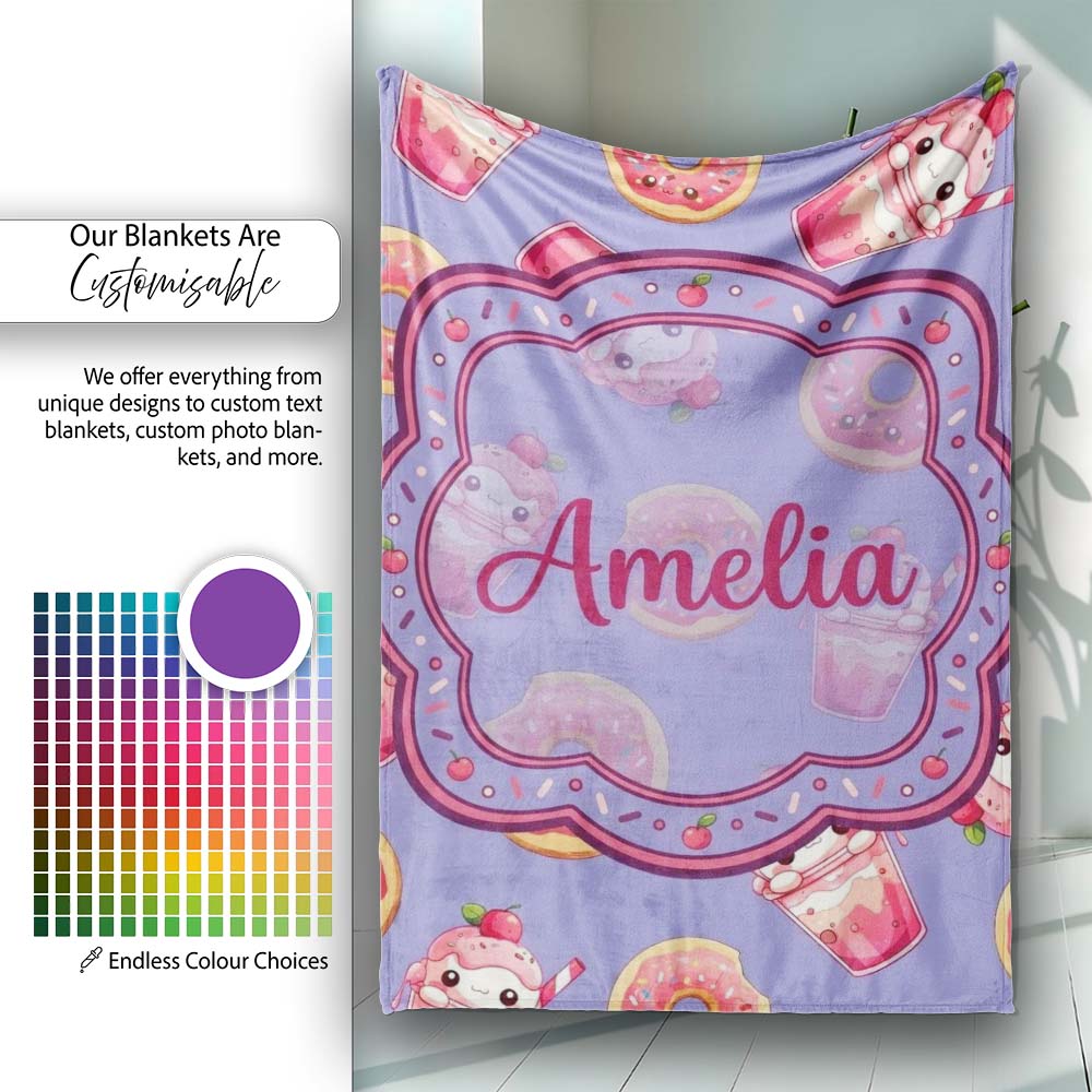 Cute Kawaii Donuts and Strawberry Milkshake Blue Background  Personalised Custom Name Super Soft Fleece Blanket Bed Sofa Throw
