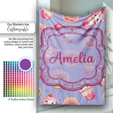 Cute Kawaii Donuts and Strawberry Milkshake Blue Background  Personalised Custom Name Super Soft Fleece Blanket Bed Sofa Throw