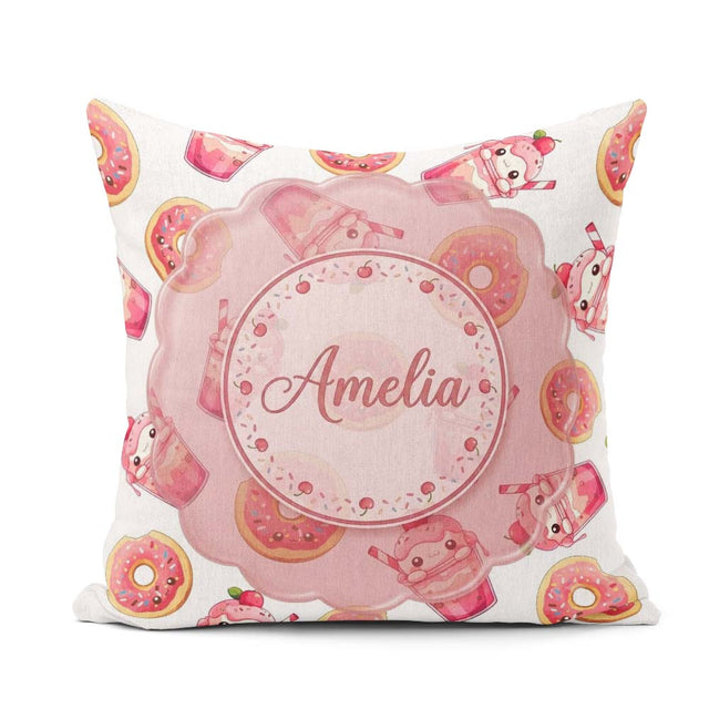 Custom Name Cute Kawaii Donuts and Strawberry White Background Square Filled Cushion Throw Pillow Sofa Bed Home Decor Zip Washable UK Made