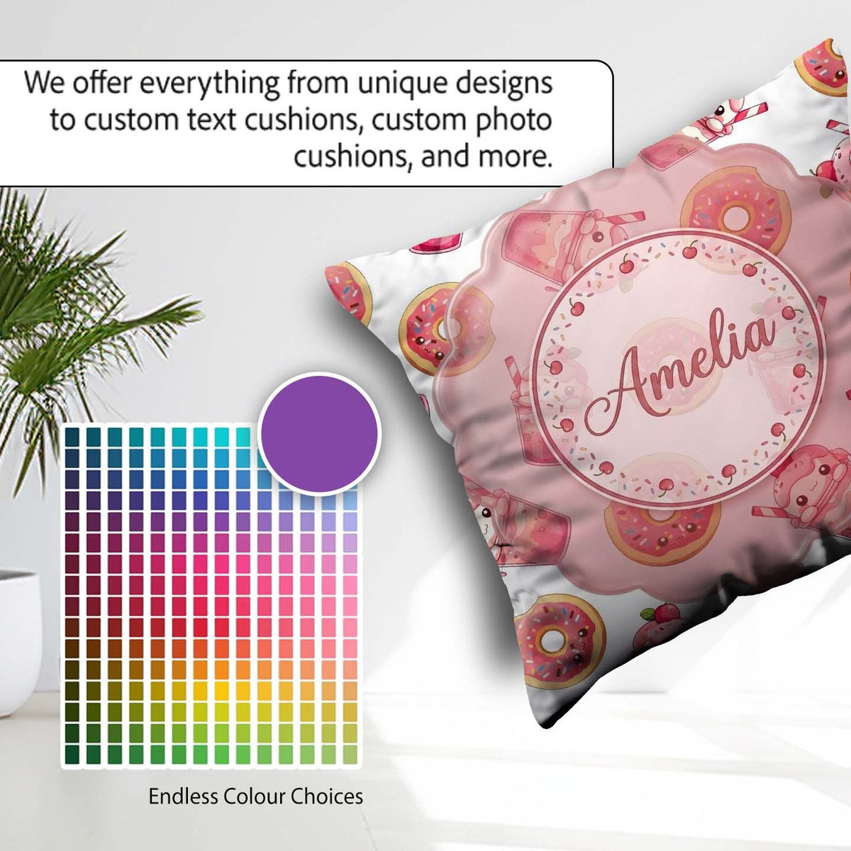 Custom Name Cute Kawaii Donuts and Strawberry White Background Square Filled Cushion Throw Pillow Sofa Bed Home Decor Zip Washable UK Made