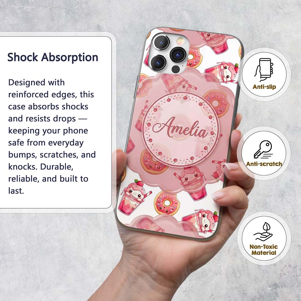 Cute Kawaii Donuts and Strawberry Milkshake White Custom Name Protective Phone Case Mobile Cover Durable Everyday Smartphone Shock Resistant