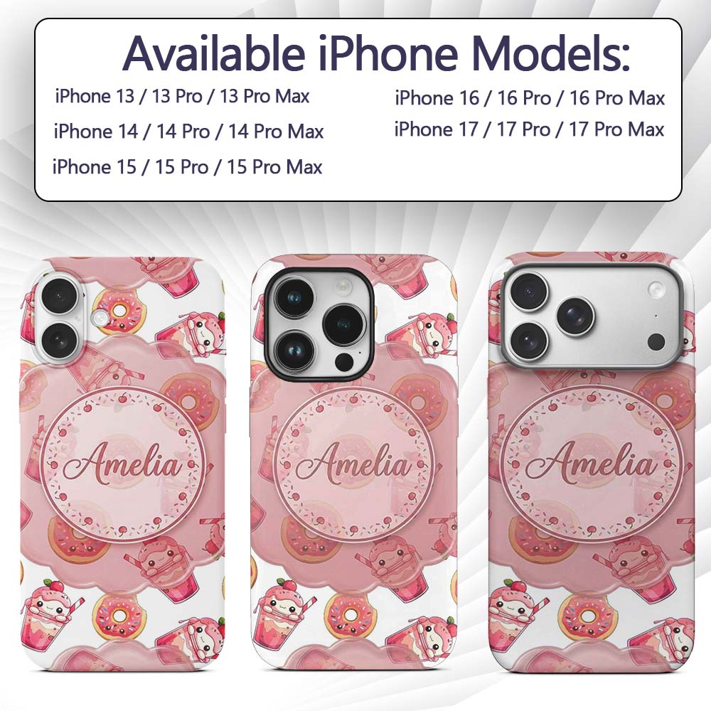 Cute Kawaii Donuts and Strawberry Milkshake White Custom Name Protective Phone Case Mobile Cover Durable Everyday Smartphone Shock Resistant