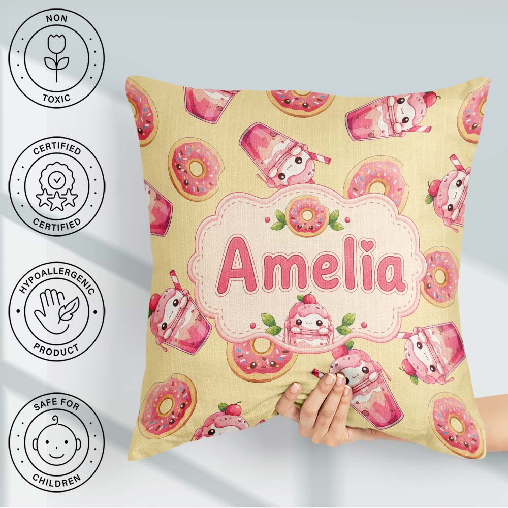 Custom Name Cute Kawaii Donuts and Strawberry Yellow Background Square Filled Cushion Throw Pillow Sofa Bed Home Decor Zip Washable UK Made