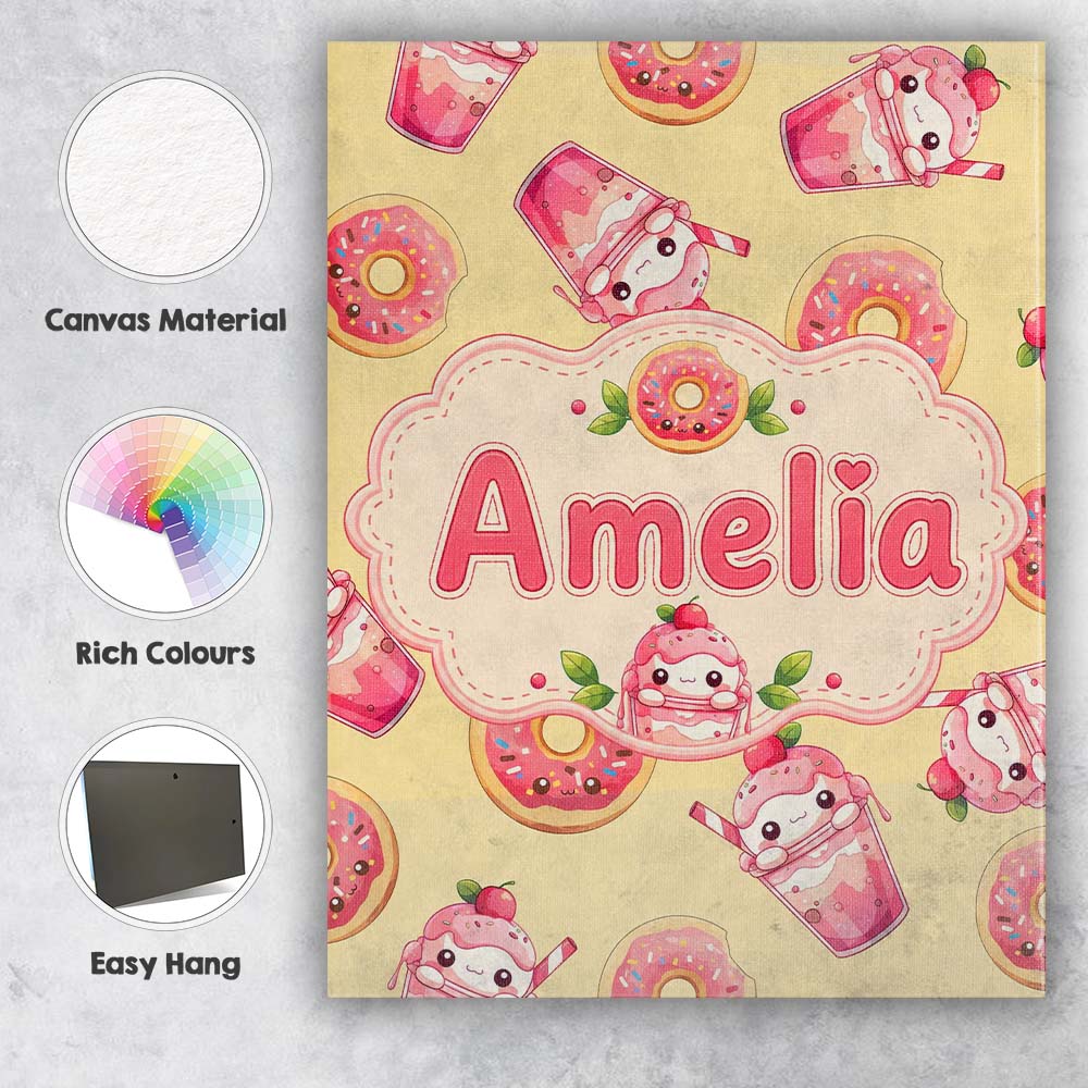 Personalised Name Cute Kawaii Donuts and Custom  Unique Gift Idea Elegant Feature Canvas Wall Art Print Decor Picture Ready to Hang