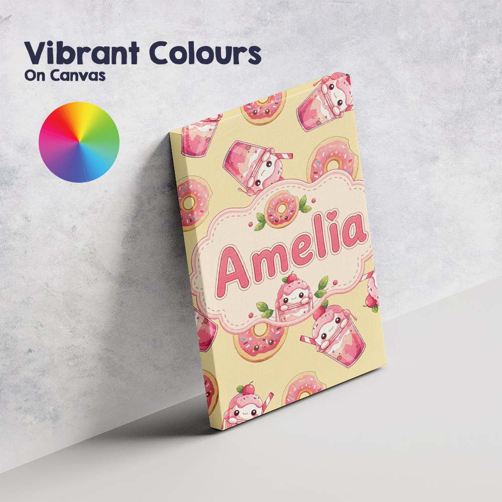 Personalised Name Cute Kawaii Donuts and Custom  Unique Gift Idea Elegant Feature Canvas Wall Art Print Decor Picture Ready to Hang
