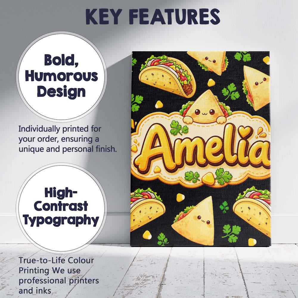 Personalised Name Cute Kawaii Tacos and Custom  Modern Room Accent Elegant Feature Canvas Wall Art Print Decor Picture Ready to Hang