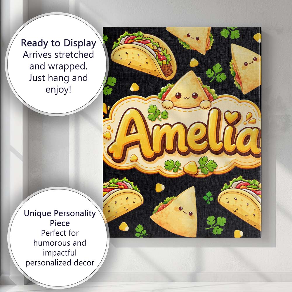 Personalised Name Cute Kawaii Tacos and Custom  Modern Room Accent Elegant Feature Canvas Wall Art Print Decor Picture Ready to Hang