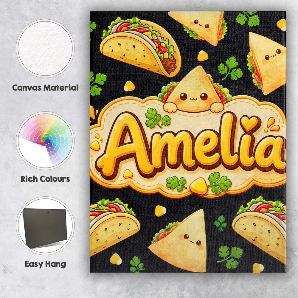 Personalised Name Cute Kawaii Tacos and Custom  Modern Room Accent Elegant Feature Canvas Wall Art Print Decor Picture Ready to Hang