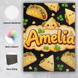 Personalised Name Cute Kawaii Tacos and Custom  Modern Room Accent Elegant Feature Canvas Wall Art Print Decor Picture Ready to Hang
