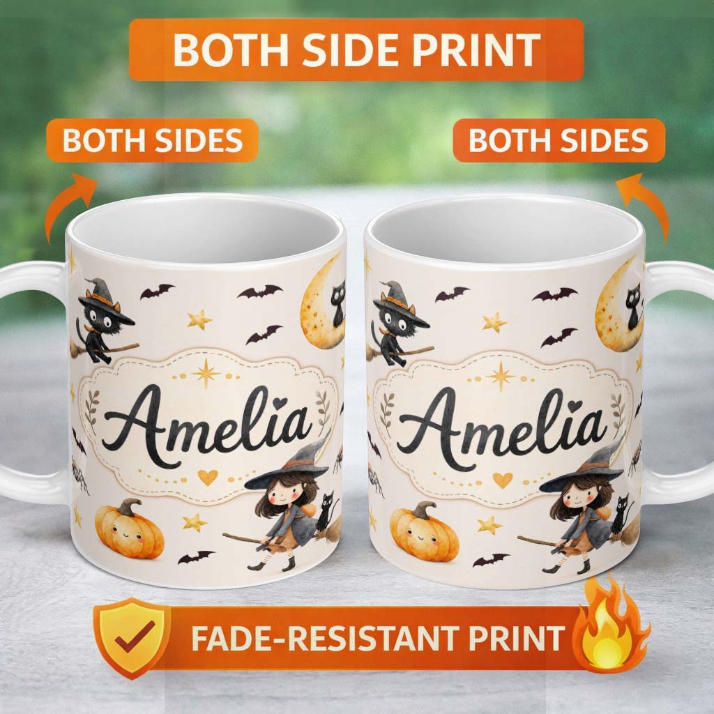 Personalized Custom Name Halloween Witch Cat Moon Stars Spooky Night Beige Seamless Pattern 11oz Ceramic Coffee Tea Mug White Large Handle