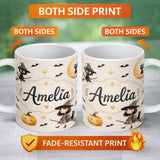 Personalized Custom Name Halloween Witch Cat Moon Stars Spooky Night Beige Seamless Pattern 11oz Ceramic Coffee Tea Mug White Large Handle