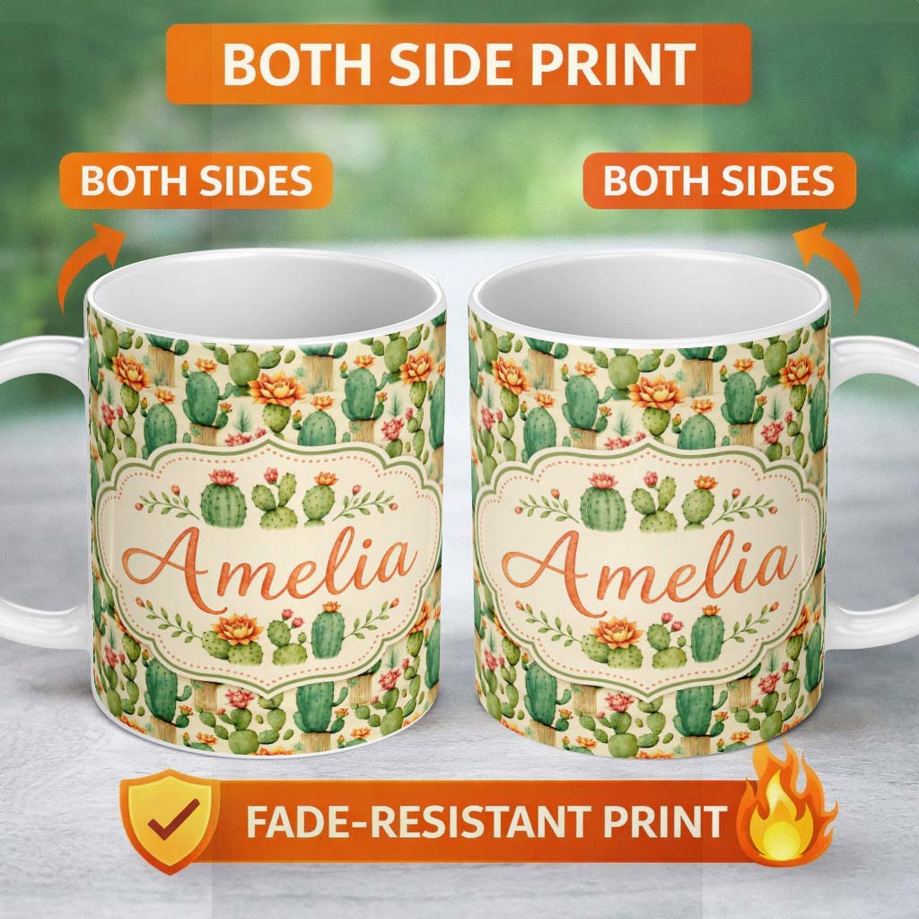 Personalized Custom Name Elegant Blooming Cactus Floral Botanical Seamless Pattern Design 11oz Ceramic Coffee Tea Mug White Large Handle