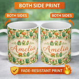 Personalized Custom Name Elegant Blooming Cactus Floral Botanical Seamless Pattern Design 11oz Ceramic Coffee Tea Mug White Large Handle