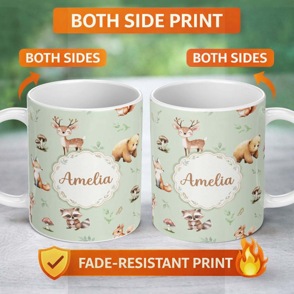 Personalized Custom Name Forest Animals Bear Deer Fox Owl Raccoon on Sage Green Seamless 11oz Ceramic Coffee Tea Mug White Large Handle