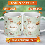 Personalized Custom Name Forest Animals Bear Deer Fox Owl Raccoon on Sage Green Seamless 11oz Ceramic Coffee Tea Mug White Large Handle