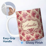 Personalized Custom Name Vintage Red Floral Bouquet Damask Seamless Pattern Cute Unique Gift 11oz Ceramic Coffee Tea Mug White Large Handle