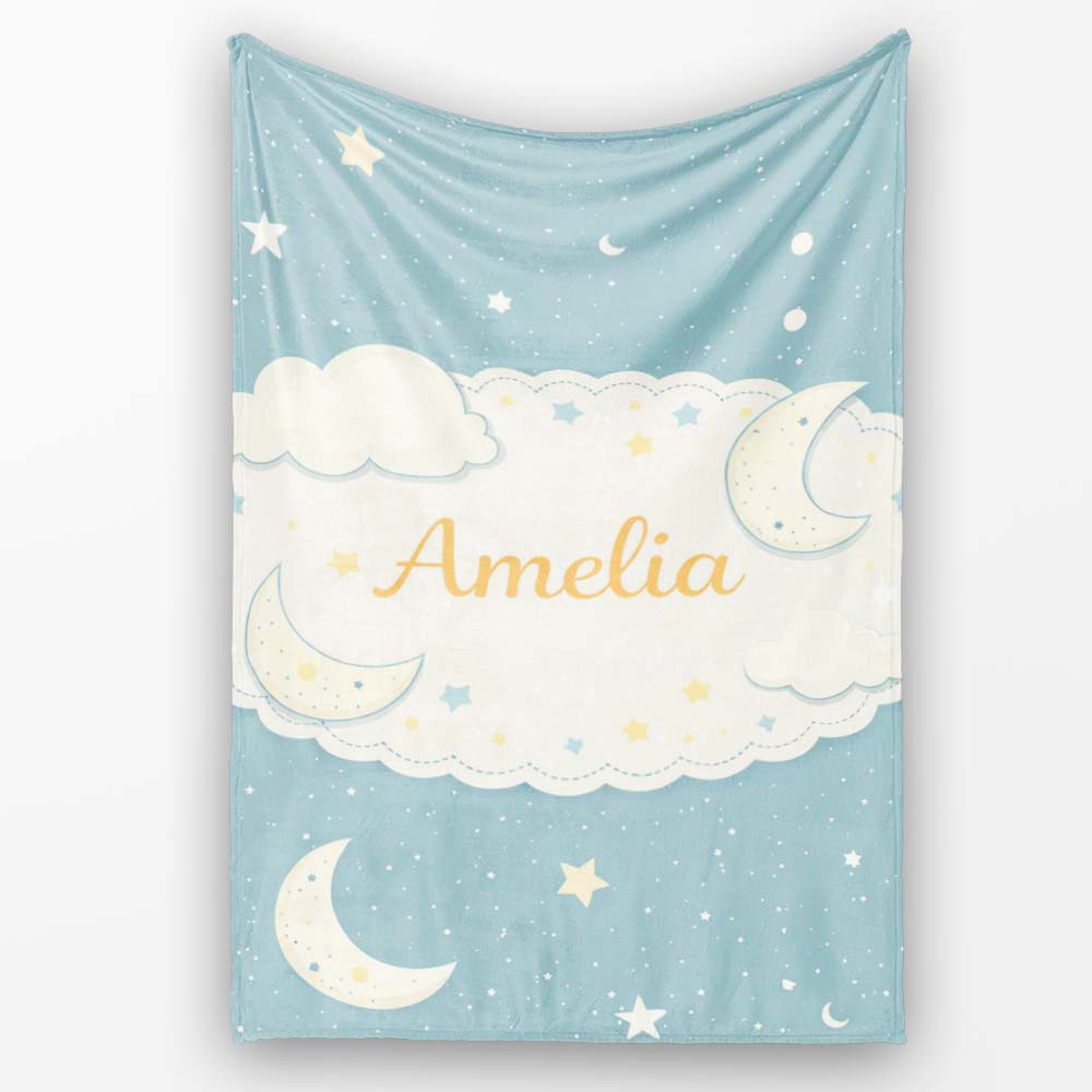 Light Blue Night Sky Moon Hanging Stars Cute Seamless Pattern Lovely  Personalised Custom Name Super Soft Fleece Blanket Bed Sofa Throw