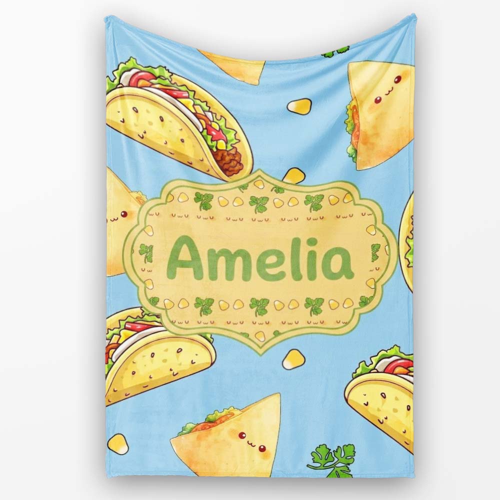 Cute Kawaii Tacos and Wraps Blue Background Seamless Pattern Name  Personalised Custom Name Super Soft Fleece Blanket Bed Sofa Throw