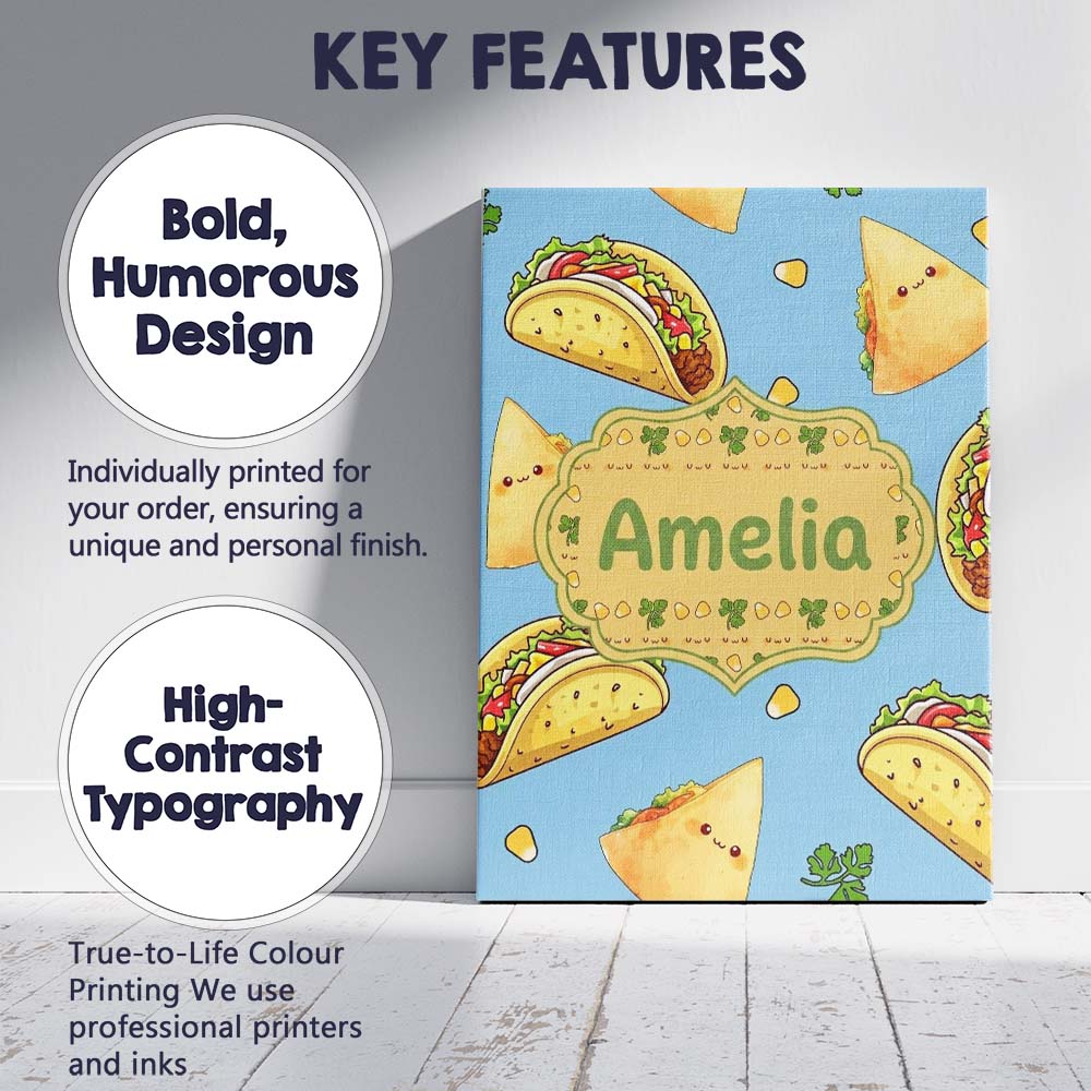 Personalised Name Cute Kawaii Tacos and Custom  Modern Room Accent Elegant Feature Canvas Wall Art Print Decor Picture Ready to Hang