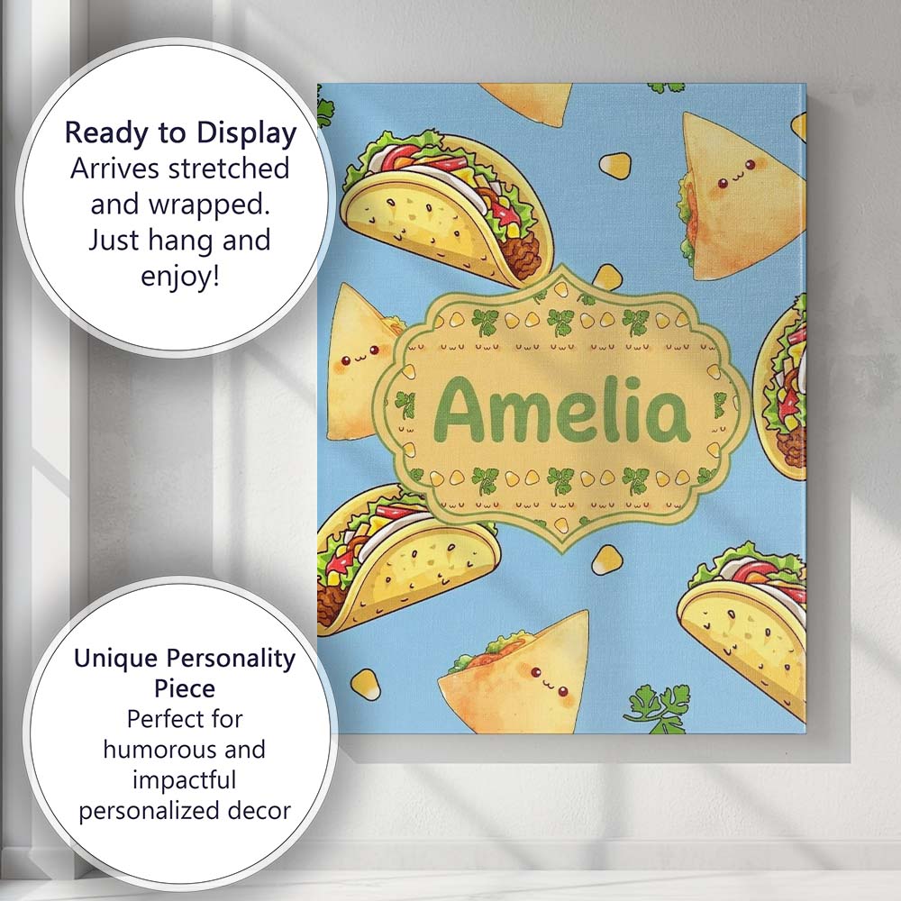 Personalised Name Cute Kawaii Tacos and Custom  Modern Room Accent Elegant Feature Canvas Wall Art Print Decor Picture Ready to Hang