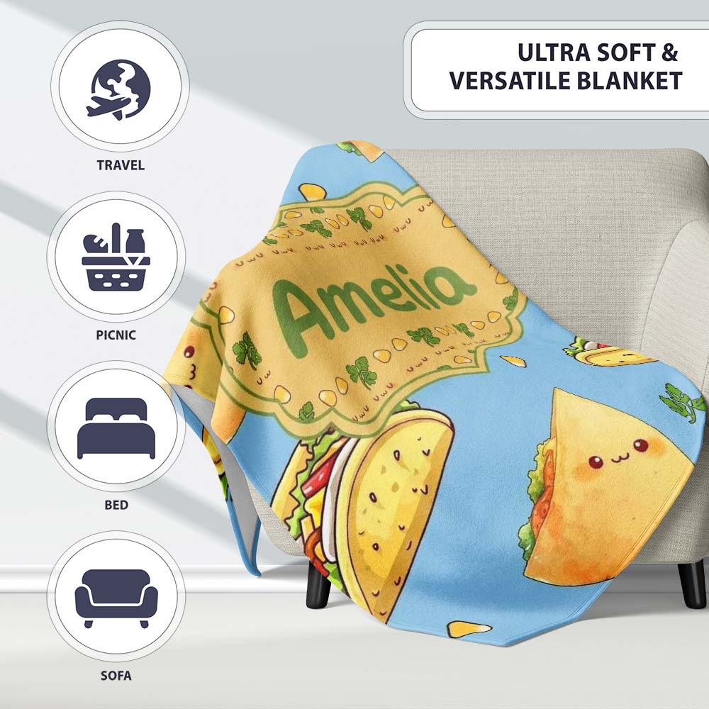 Cute Kawaii Tacos and Wraps Blue Background Seamless Pattern Name  Personalised Custom Name Super Soft Fleece Blanket Bed Sofa Throw