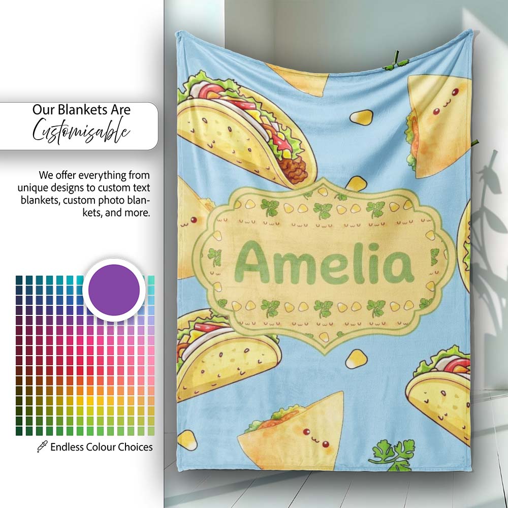Cute Kawaii Tacos and Wraps Blue Background Seamless Pattern Name  Personalised Custom Name Super Soft Fleece Blanket Bed Sofa Throw