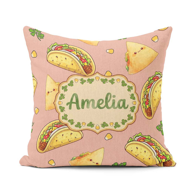 Custom Name Kawaii Tacos and Wraps Peach Background Pattern Name Square Filled Cushion Throw Pillow Sofa Bed Home Decor Zip Washable UK Made