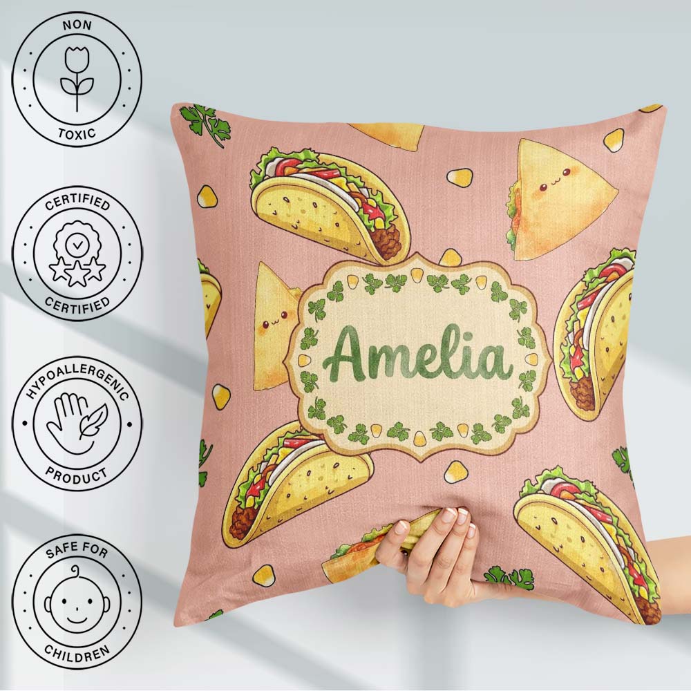 Custom Name Kawaii Tacos and Wraps Peach Background Pattern Name Square Filled Cushion Throw Pillow Sofa Bed Home Decor Zip Washable UK Made