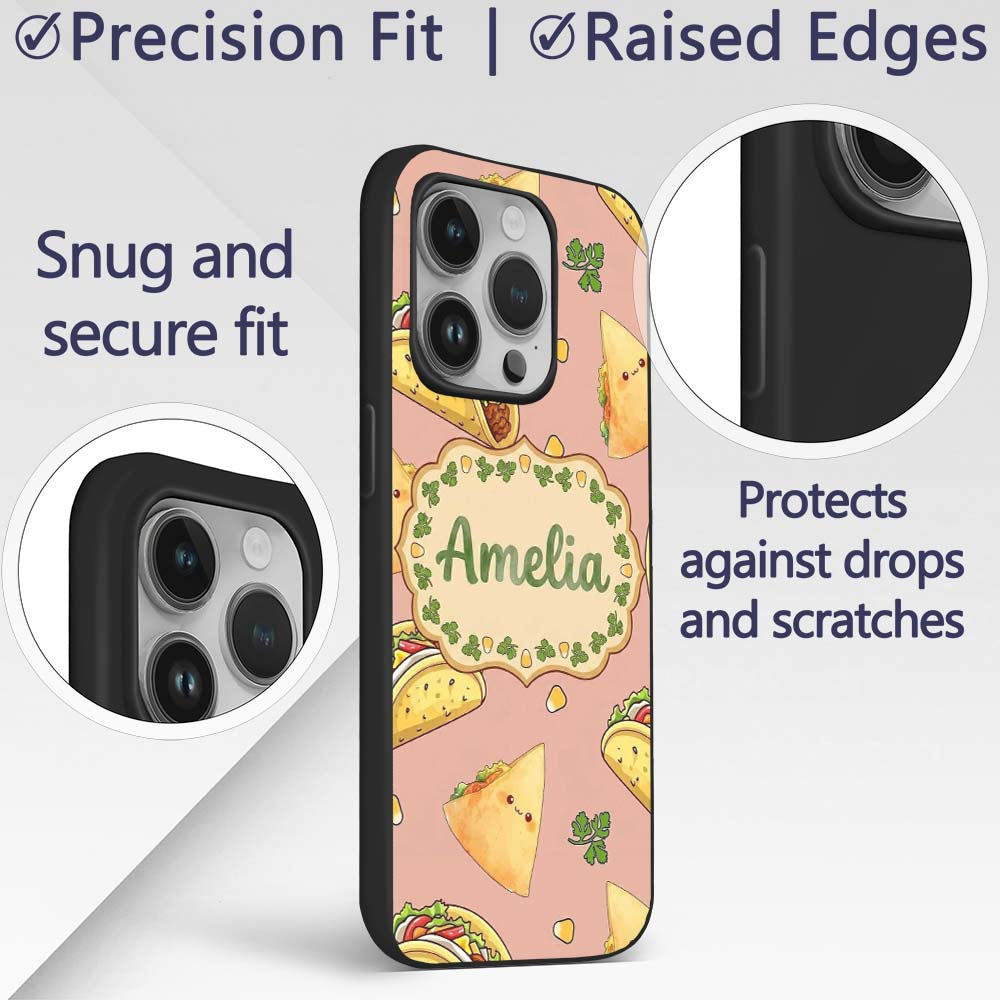 Cute Kawaii Tacos and Wraps Peach Background Custom Name Protective Phone Case Mobile Cover Durable Everyday Smartphone Shock Resistant