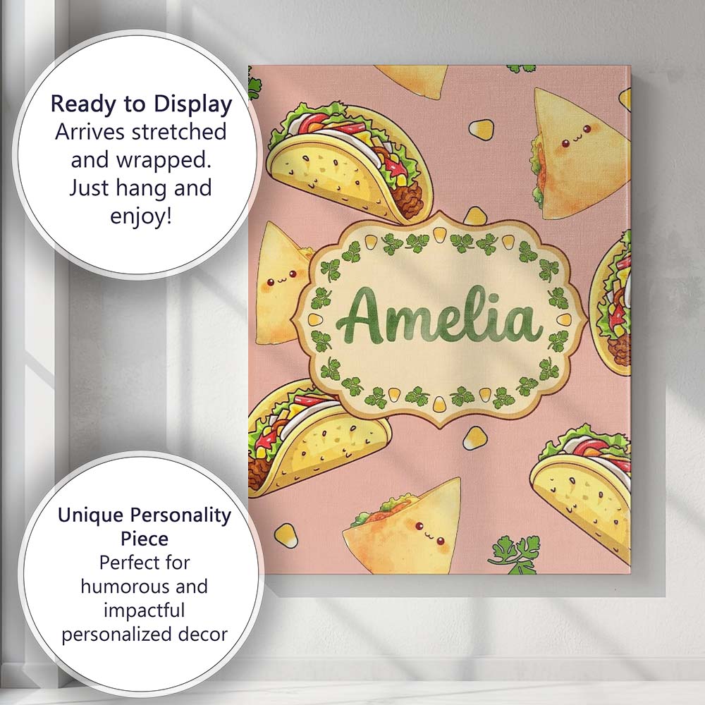Personalised Name Cute Kawaii Tacos and Custom  Modern Room Accent Elegant Feature Canvas Wall Art Print Decor Picture Ready to Hang