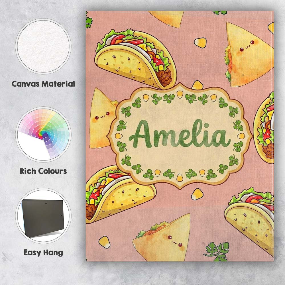 Personalised Name Cute Kawaii Tacos and Custom  Modern Room Accent Elegant Feature Canvas Wall Art Print Decor Picture Ready to Hang