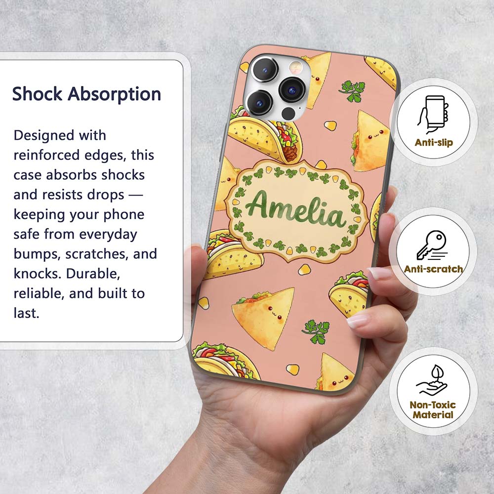 Cute Kawaii Tacos and Wraps Peach Background Custom Name Protective Phone Case Mobile Cover Durable Everyday Smartphone Shock Resistant