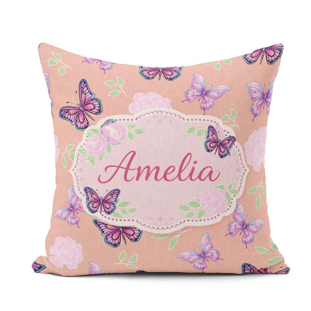 Custom Name Pink Purple Butterfly Floral Yellow Seamless Pattern Square Filled Cushion Throw Pillow Sofa Bed Home Decor Zip Washable UK Made