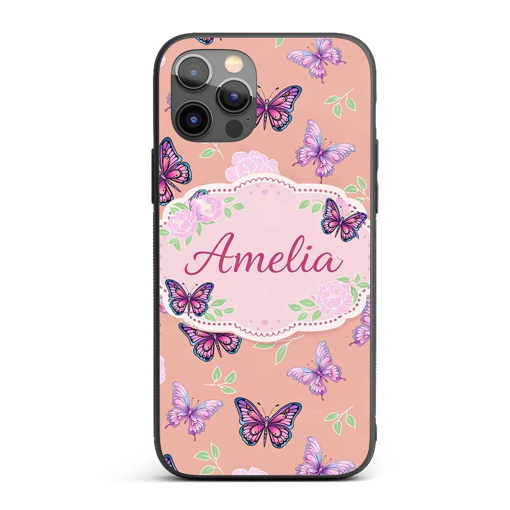 Pink Purple Butterfly Floral Yellow Background Custom Name Protective Phone Case Mobile Cover Durable Everyday Smartphone Shock Resistant