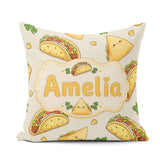Custom Name Kawaii Tacos and Wraps Cream Background Pattern Name Square Filled Cushion Throw Pillow Sofa Bed Home Decor Zip Washable UK Made