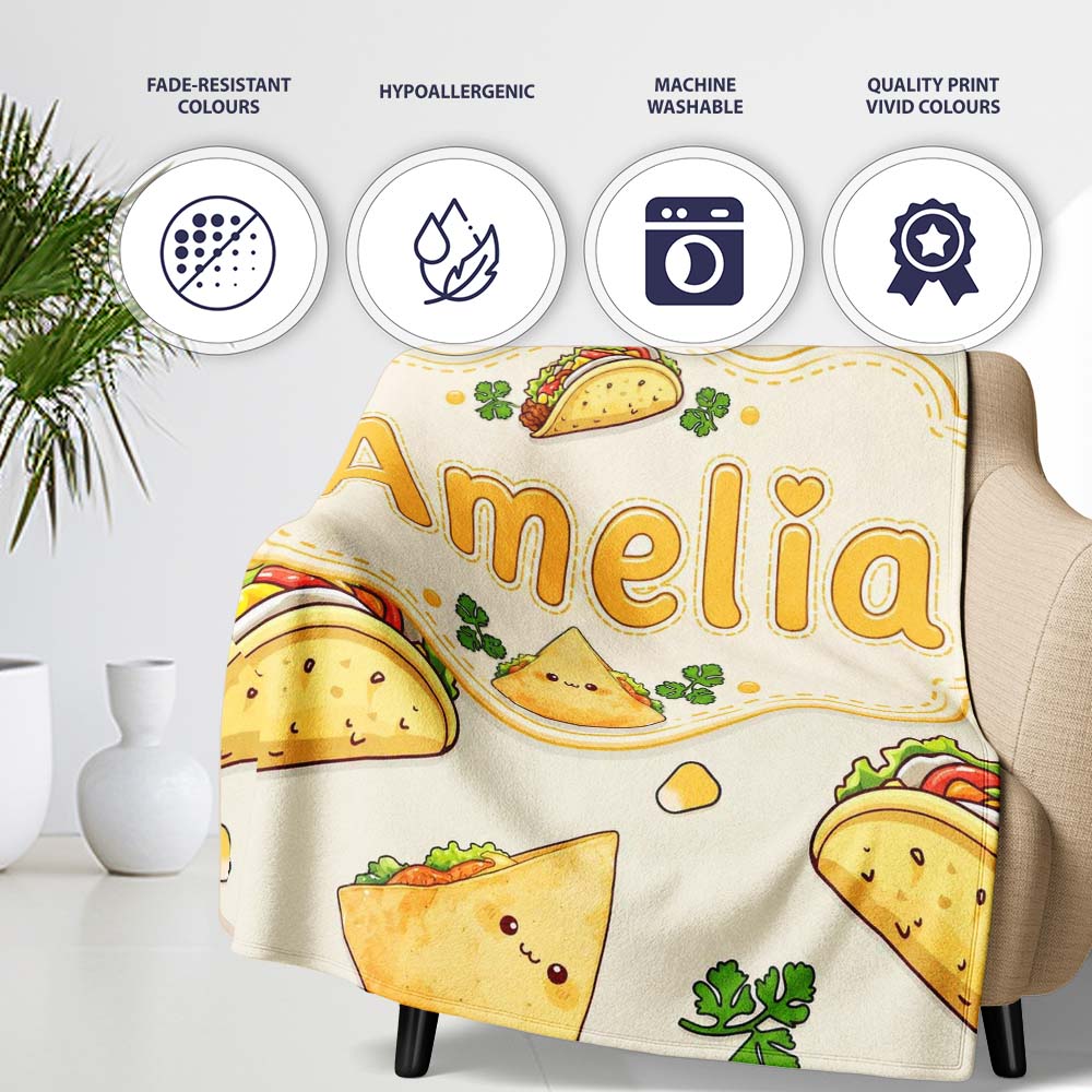 Cute Kawaii Tacos and Wraps Cream Background Seamless Pattern Name  Personalised Custom Name Super Soft Fleece Blanket Bed Sofa Throw