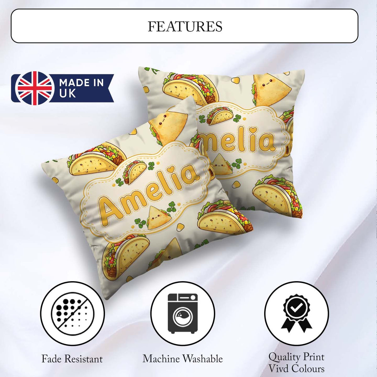 Custom Name Kawaii Tacos and Wraps Cream Background Pattern Name Square Filled Cushion Throw Pillow Sofa Bed Home Decor Zip Washable UK Made