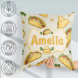 Custom Name Kawaii Tacos and Wraps Cream Background Pattern Name Square Filled Cushion Throw Pillow Sofa Bed Home Decor Zip Washable UK Made