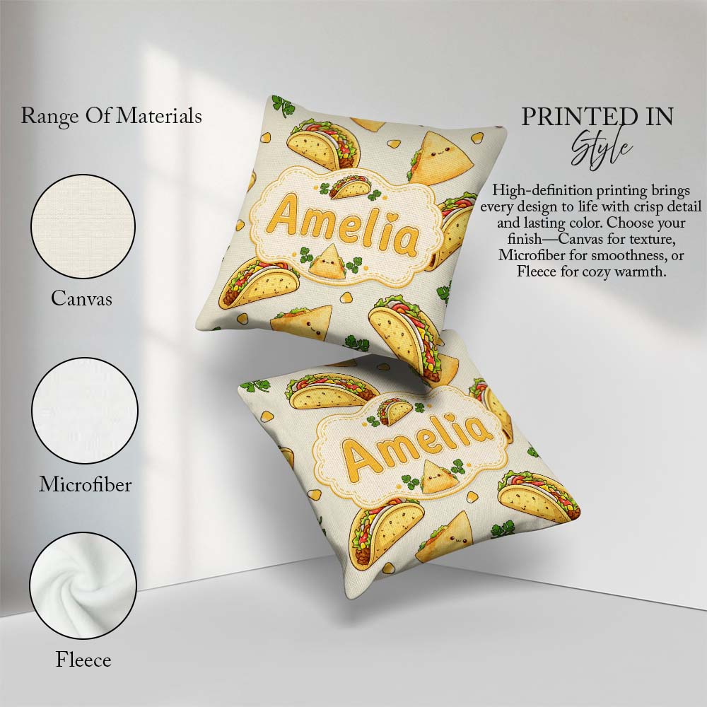 Custom Name Kawaii Tacos and Wraps Cream Background Pattern Name Square Filled Cushion Throw Pillow Sofa Bed Home Decor Zip Washable UK Made