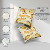 Custom Name Kawaii Tacos and Wraps Cream Background Pattern Name Square Filled Cushion Throw Pillow Sofa Bed Home Decor Zip Washable UK Made