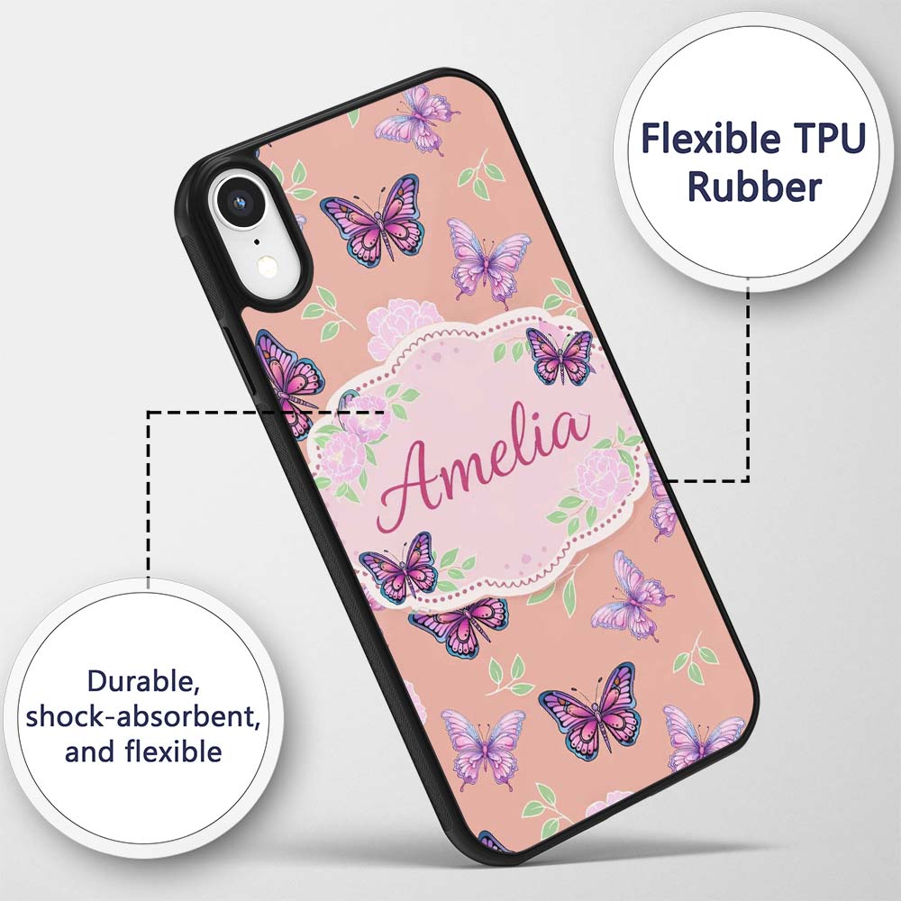 Pink Purple Butterfly Floral Yellow Background Custom Name Protective Phone Case Mobile Cover Durable Everyday Smartphone Shock Resistant