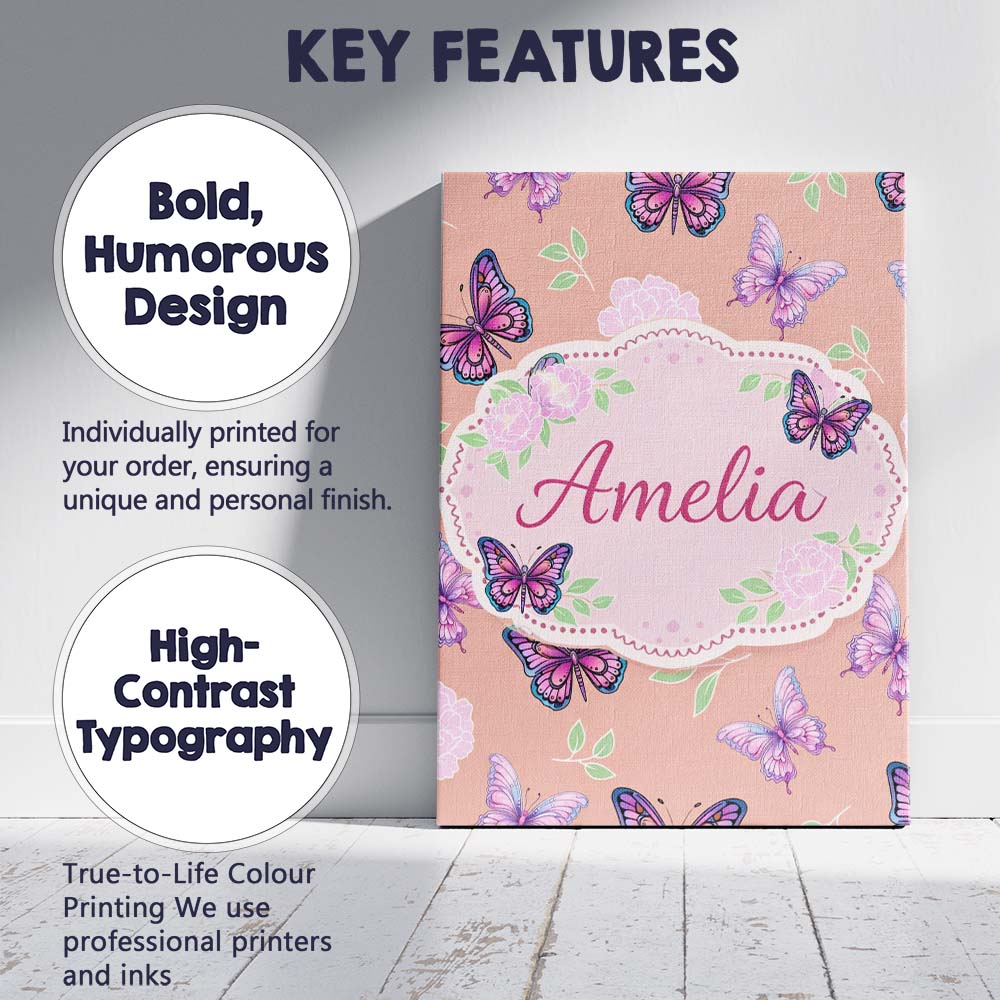Personalised Name Pink Purple Butterfly Floral Yellow Background Custom  Interior Canvas Wall Art Print Decor Picture Ready to Hang