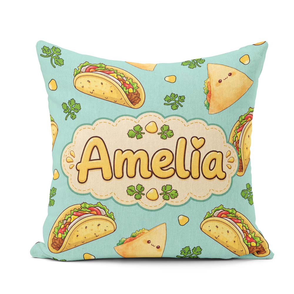 Custom Name Kawaii Tacos and Wraps Seamless Teal Background Name Square Filled Cushion Throw Pillow Sofa Bed Home Decor Zip Washable UK Made