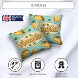 Custom Name Kawaii Tacos and Wraps Seamless Teal Background Name Square Filled Cushion Throw Pillow Sofa Bed Home Decor Zip Washable UK Made