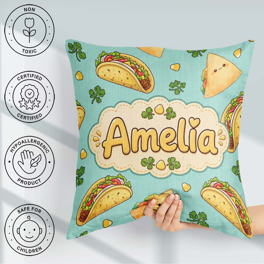 Custom Name Kawaii Tacos and Wraps Seamless Teal Background Name Square Filled Cushion Throw Pillow Sofa Bed Home Decor Zip Washable UK Made