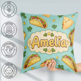 Custom Name Kawaii Tacos and Wraps Seamless Teal Background Name Square Filled Cushion Throw Pillow Sofa Bed Home Decor Zip Washable UK Made