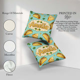 Custom Name Kawaii Tacos and Wraps Seamless Teal Background Name Square Filled Cushion Throw Pillow Sofa Bed Home Decor Zip Washable UK Made